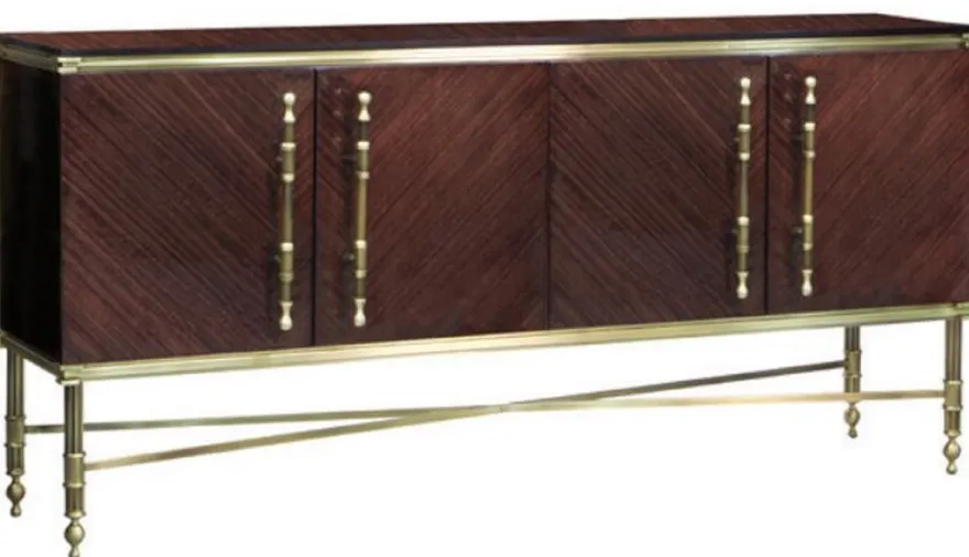 Casa Padrino Luxus Sideboard Dunkelbraun Hochglanz / Matt Gold 222 x 52 x H. 100 cm - Edler Massivholz Schrank mit 4 Türen - Luxus Möbel - Luxus Einrichtung