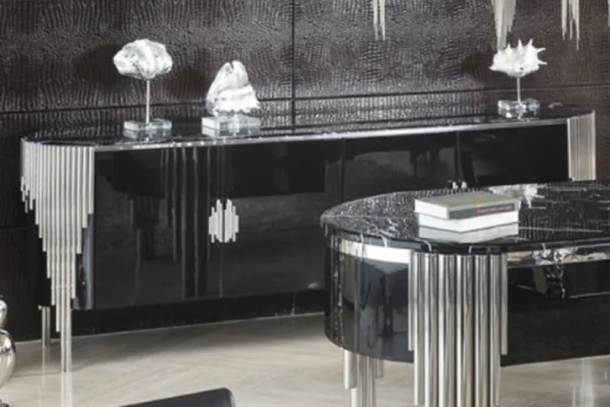 Casa Padrino Luxus Sideboard mit 4 Türen und Kunstmarmor Platte Schwarz / Silber 251,2 cm - Luxus Möbel