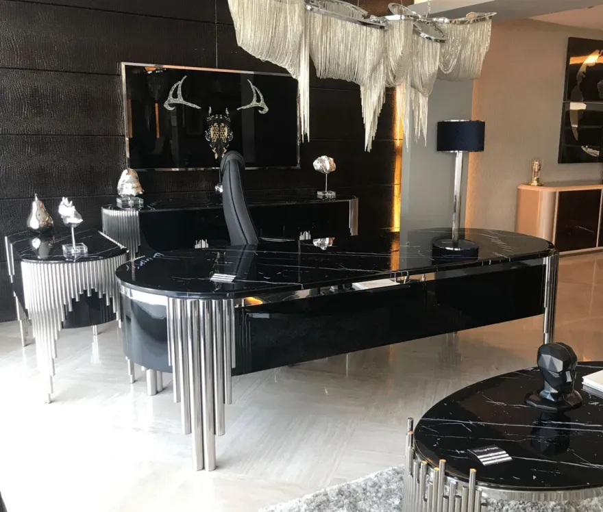 Casa Padrino Luxus Sideboard mit 4 Türen und Kunstmarmor Platte Schwarz / Silber 251,2 cm - Luxus Möbel