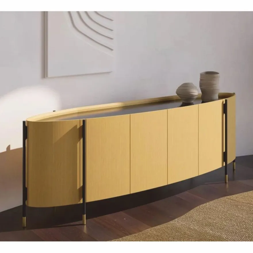 Casa Padrino Luxus Sideboard mit 4 Türen Naturfarben / Schwarz / Messing 267 cm - Hotel Möbel