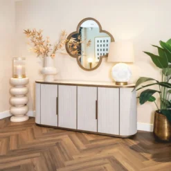 Casa Padrino Luxus Sideboard mit 4 Türen und Keramikplatte Weiß / Messing 192 cm