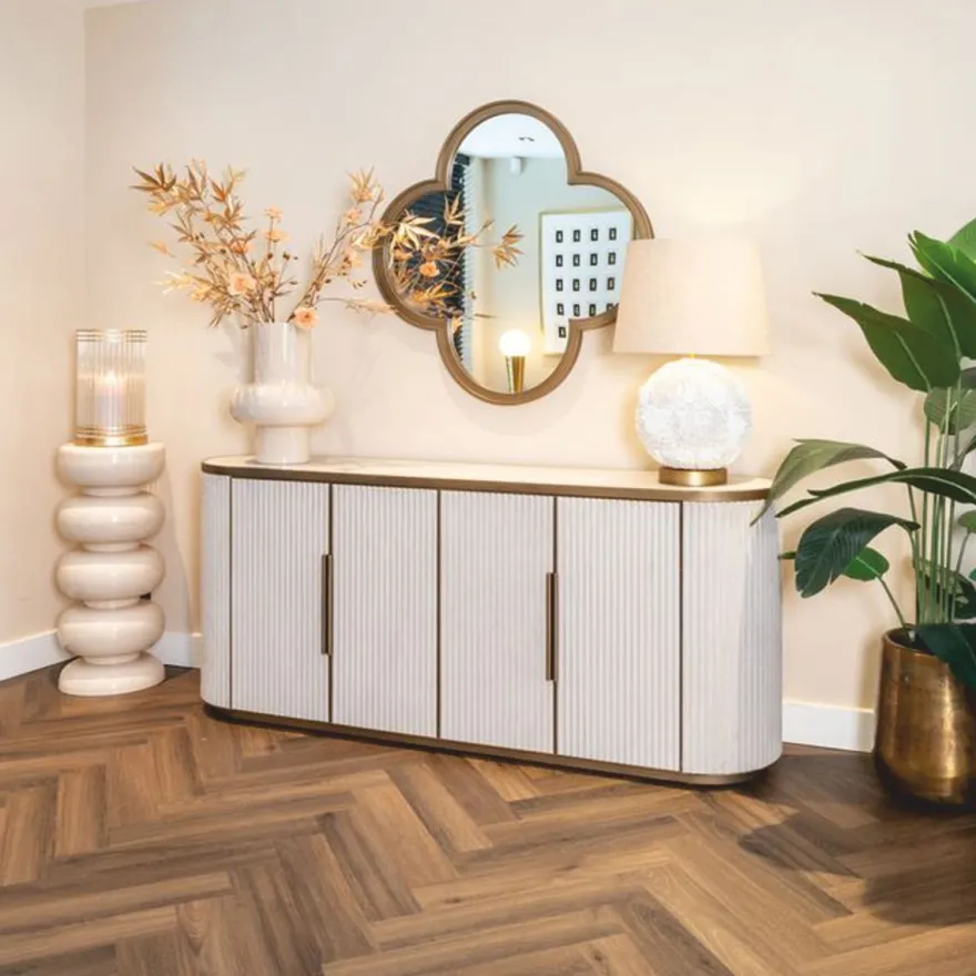 Casa Padrino Luxus Sideboard mit 4 Türen und Keramikplatte Weiß / Messing 192 cm