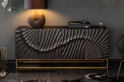 Casa Padrino Luxus Sideboard mit handgefertigter 3D Schnitzerei und 4 Türen Dunkelgrau / Gold 177 x 45 x H. 76 cm - Fernsehschrank - Wohnzimmerschrank - Wohnzimmer Möbel