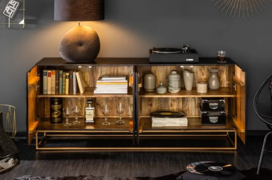 Casa Padrino Luxus Sideboard mit handgefertigter 3D Schnitzerei und 4 Türen Dunkelgrau / Gold 177 x 45 x H. 76 cm - Fernsehschrank - Wohnzimmerschrank - Wohnzimmer Möbel