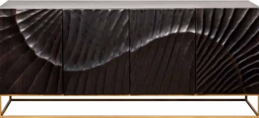 Casa Padrino Luxus Sideboard mit handgefertigter 3D Schnitzerei und 4 Türen Dunkelgrau / Gold 177 x 45 x H. 76 cm - Fernsehschrank - Wohnzimmerschrank - Wohnzimmer Möbel