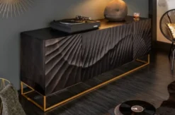 Casa Padrino Luxus Sideboard mit handgefertigter 3D Schnitzerei und 4 Türen Dunkelgrau / Gold 177 x 45 x H. 76 cm - Fernsehschrank - Wohnzimmerschrank - Wohnzimmer Möbel