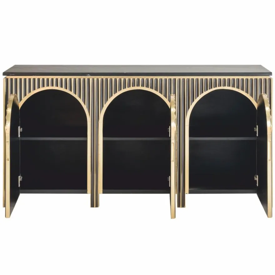 Casa Padrino Luxus Sideboard mit 3 Türen und Marmorplatte Schwarz / Gold 160 cm