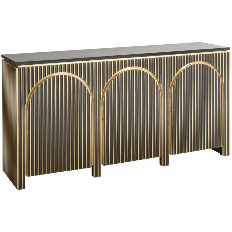 Casa Padrino Luxus Sideboard mit 3 Türen und Marmorplatte Schwarz / Gold 160 cm
