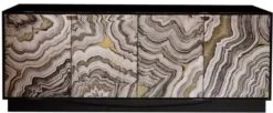 Casa Padrino Luxus Sideboard Schwarz / Grau / Gold 200 x 40 x H. 76 cm - Massivholz Schrank mit 4 handbemalten Türen - Luxus Möbel - Luxus Kollektion