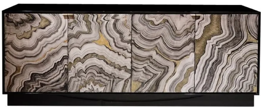 Casa Padrino Luxus Sideboard Schwarz / Grau / Gold 200 x 40 x H. 76 cm - Massivholz Schrank mit 4 handbemalten Türen - Luxus Möbel - Luxus Kollektion