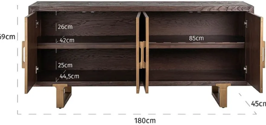 Casa Padrino Luxus Sideboard Braun / Messing 180 x 45 x H. 86 cm - Massivholz Schrank mit 4 Türen - Wohnzimmer Möbel - Wohnzimmer Einrichtung - Luxus Möbel - Luxus Einrichtung