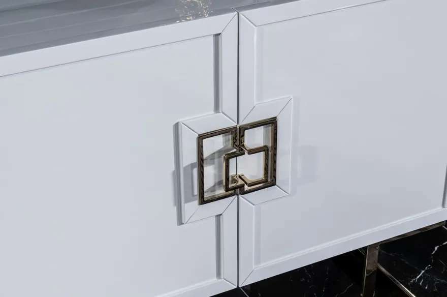 Casa Padrino Luxus Sideboard Weiß / Gold 210 x 50 x H. 85 cm - Edler Massivholz Schrank mit 4 Türen - Luxus Möbel - Luxus Einrichtung