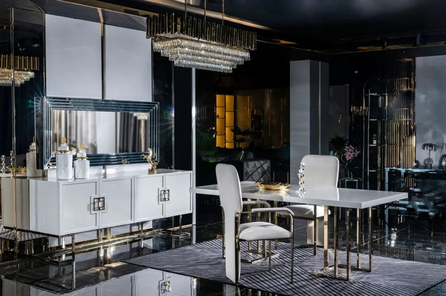 Casa Padrino Luxus Sideboard Weiß / Gold 210 x 50 x H. 85 cm - Edler Massivholz Schrank mit 4 Türen - Luxus Möbel - Luxus Einrichtung