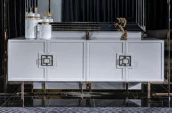 Casa Padrino Luxus Sideboard Weiß / Gold 210 x 50 x H. 85 cm - Edler Massivholz Schrank mit 4 Türen - Luxus Möbel - Luxus Einrichtung