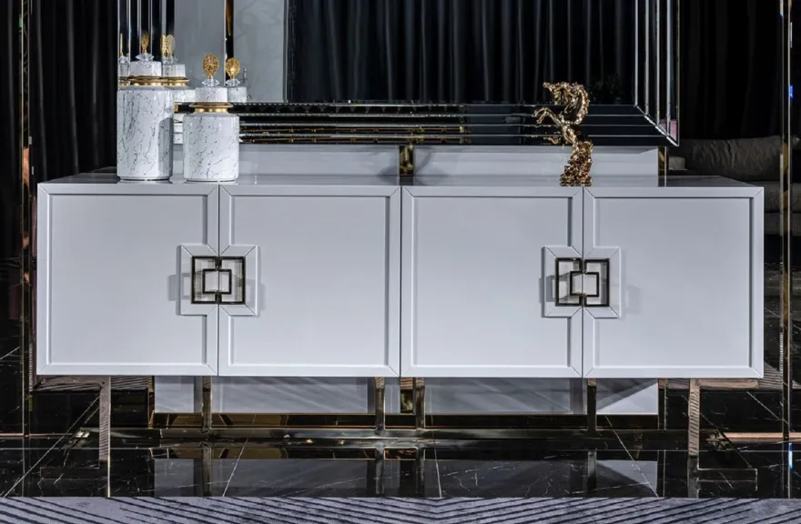 Casa Padrino Luxus Sideboard Weiß / Gold 210 x 50 x H. 85 cm - Edler Massivholz Schrank mit 4 Türen - Luxus Möbel - Luxus Einrichtung