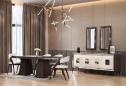 Casa Padrino Luxus Sideboard Dunkelbraun / Creme / Silber 220 x 48 x H. 90 cm - Verspiegelter Massivholz Schrank mit 4 Türen - Esszimmer Möbel - Luxus Möbel - Luxus Einrichtung