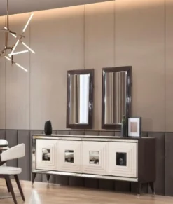 Casa Padrino Luxus Sideboard Dunkelbraun / Creme / Silber 220 x 48 x H. 90 cm - Verspiegelter Massivholz Schrank mit 4 Türen - Esszimmer Möbel - Luxus Möbel - Luxus Einrichtung