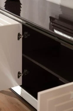 Casa Padrino Luxus Sideboard Dunkelbraun / Creme / Silber 220 x 48 x H. 90 cm - Verspiegelter Massivholz Schrank mit 4 Türen - Esszimmer Möbel - Luxus Möbel - Luxus Einrichtung