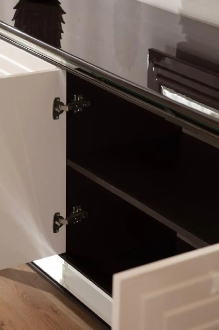 Casa Padrino Luxus Sideboard Dunkelbraun / Creme / Silber 220 x 48 x H. 90 cm - Verspiegelter Massivholz Schrank mit 4 Türen - Esszimmer Möbel - Luxus Möbel - Luxus Einrichtung