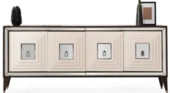 Casa Padrino Luxus Sideboard Dunkelbraun / Creme / Silber 220 x 48 x H. 90 cm - Verspiegelter Massivholz Schrank mit 4 Türen - Esszimmer Möbel - Luxus Möbel - Luxus Einrichtung