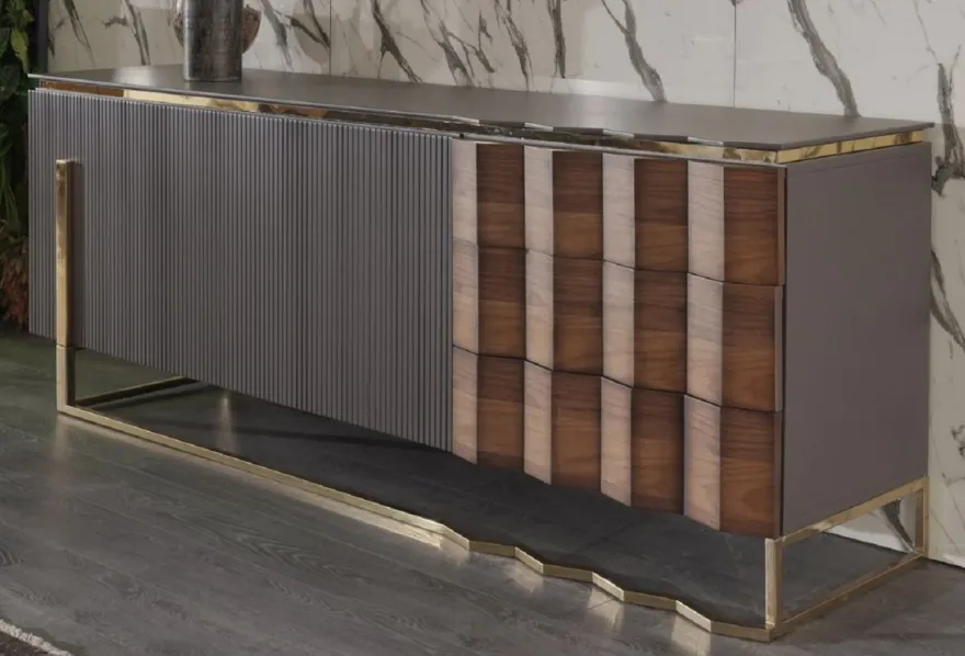 Casa Padrino Luxus Sideboard Grau / Braun / Gold 220 x 53 x H. 82 cm - Massivholz Schrank mit 2 Türen und 3 Schubladen - Esszimmer Möbel - Luxus Möbel - Luxus Kollektion