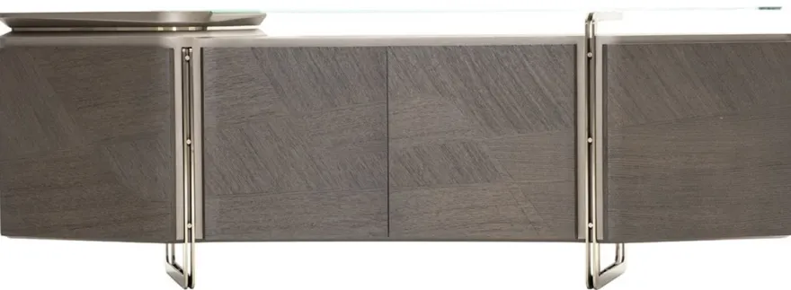 Casa Padrino Luxus Sideboard Grau / Silber 250 x 50 x H. 86 cm - Massivholz Schrank mit 4 Türen und Glasplatte - Luxus Möbel - Hotel Möbel - Luxus Einrichtung