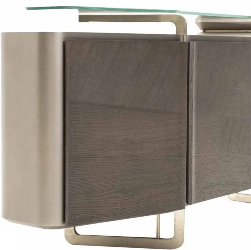 Casa Padrino Luxus Sideboard Grau / Silber 250 x 50 x H. 86 cm - Massivholz Schrank mit 4 Türen und Glasplatte - Luxus Möbel - Hotel Möbel - Luxus Einrichtung
