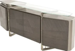Casa Padrino Luxus Sideboard Grau / Silber 250 x 50 x H. 86 cm - Massivholz Schrank mit 4 Türen und Glasplatte - Luxus Möbel - Hotel Möbel - Luxus Einrichtung