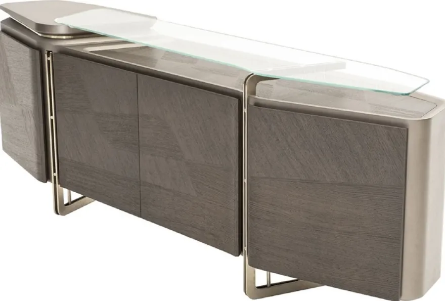 Casa Padrino Luxus Sideboard Grau / Silber 250 x 50 x H. 86 cm - Massivholz Schrank mit 4 Türen und Glasplatte - Luxus Möbel - Hotel Möbel - Luxus Einrichtung