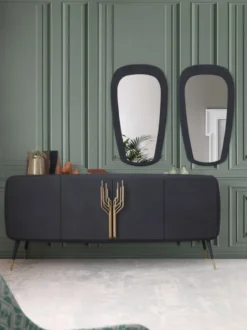 Casa Padrino Luxus Sideboard Schwarz / Antik Messing 220 x 55 x H. 98 cm - Massivholz Schrank mit 4 Türen - Esszimmer Möbel - Wohnzimmer Möbel - Hotel Möbel - Luxus Möbel