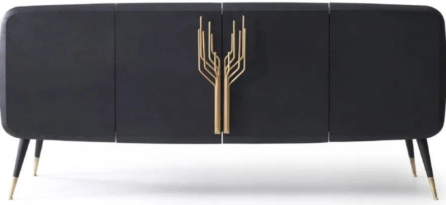 Casa Padrino Luxus Sideboard Schwarz / Antik Messing 220 x 55 x H. 98 cm - Massivholz Schrank mit 4 Türen - Esszimmer Möbel - Wohnzimmer Möbel - Hotel Möbel - Luxus Möbel