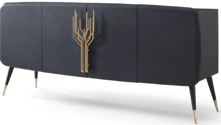 Casa Padrino Luxus Sideboard Schwarz / Antik Messing 220 x 55 x H. 98 cm - Massivholz Schrank mit 4 Türen - Esszimmer Möbel - Wohnzimmer Möbel - Hotel Möbel - Luxus Möbel