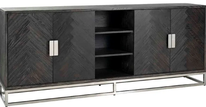 Casa Padrino Luxus Sideboard Schwarz / Silber 225 x 45 x H. 90 cm - Massivholz Schrank mit 4 Türen - Wohnzimmer Möbel - Hotel Möbel - Luxus Kollektion