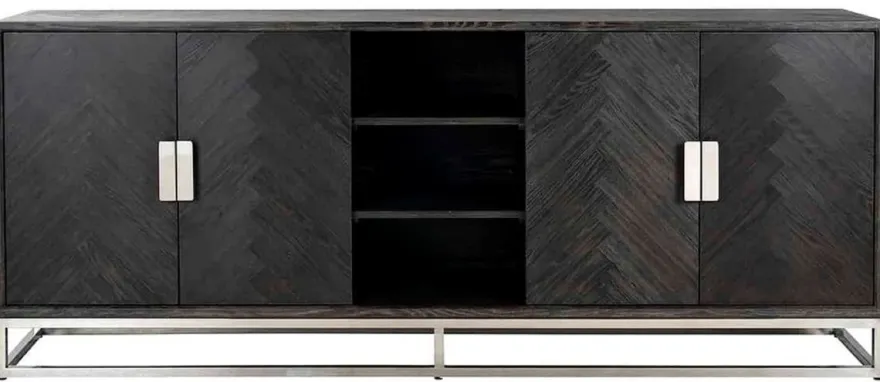 Casa Padrino Luxus Sideboard Schwarz / Silber 225 x 45 x H. 90 cm - Massivholz Schrank mit 4 Türen - Wohnzimmer Möbel - Hotel Möbel - Luxus Kollektion