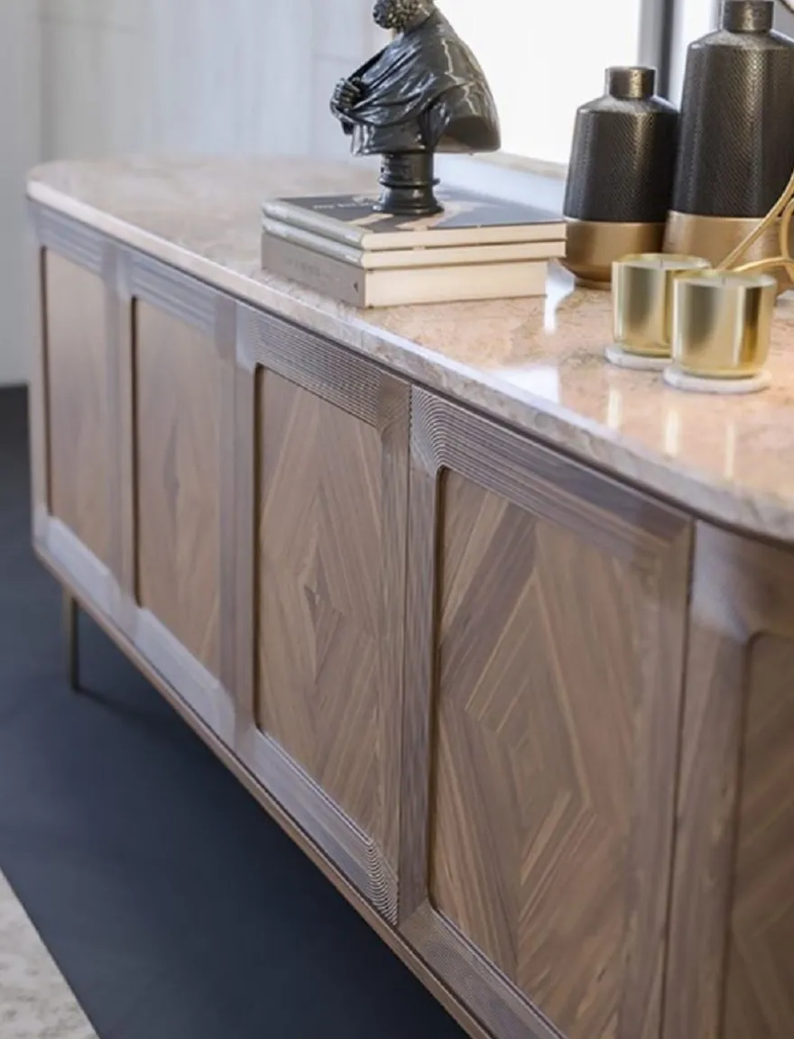 Casa Padrino Luxus Sideboard Braun / Beige / Messing 244 x 56 x H. 85 cm - Ovaler Massivholz Schrank mit 4 Türen und Marmorplatte - Esszimmer Möbel - Hotel Möbel - Luxus Möbel