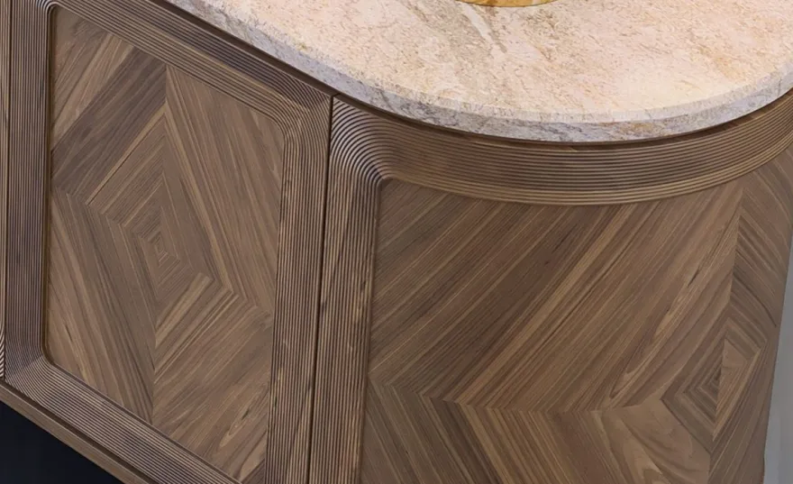 Casa Padrino Luxus Sideboard Braun / Beige / Messing 244 x 56 x H. 85 cm - Ovaler Massivholz Schrank mit 4 Türen und Marmorplatte - Esszimmer Möbel - Hotel Möbel - Luxus Möbel
