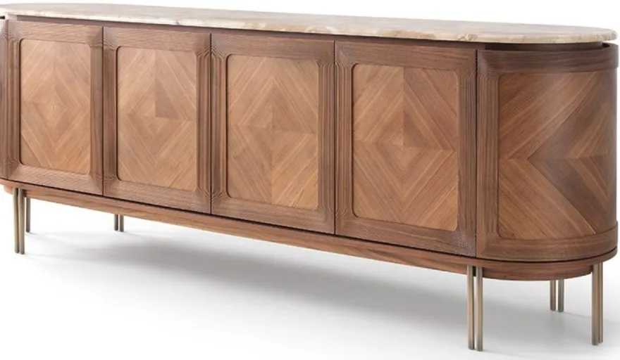 Casa Padrino Luxus Sideboard Braun / Beige / Messing 244 x 56 x H. 85 cm - Ovaler Massivholz Schrank mit 4 Türen und Marmorplatte - Esszimmer Möbel - Hotel Möbel - Luxus Möbel