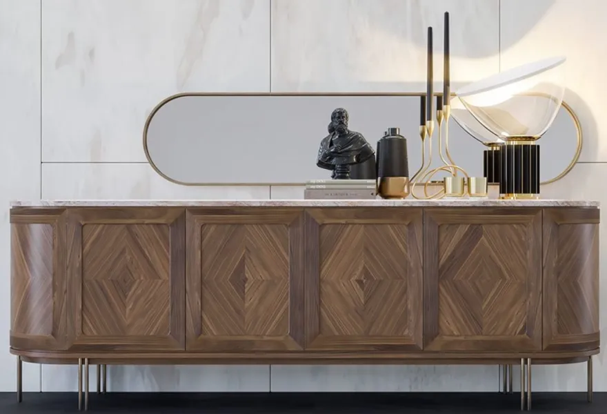 Casa Padrino Luxus Sideboard Braun / Beige / Messing 244 x 56 x H. 85 cm - Ovaler Massivholz Schrank mit 4 Türen und Marmorplatte - Esszimmer Möbel - Hotel Möbel - Luxus Möbel