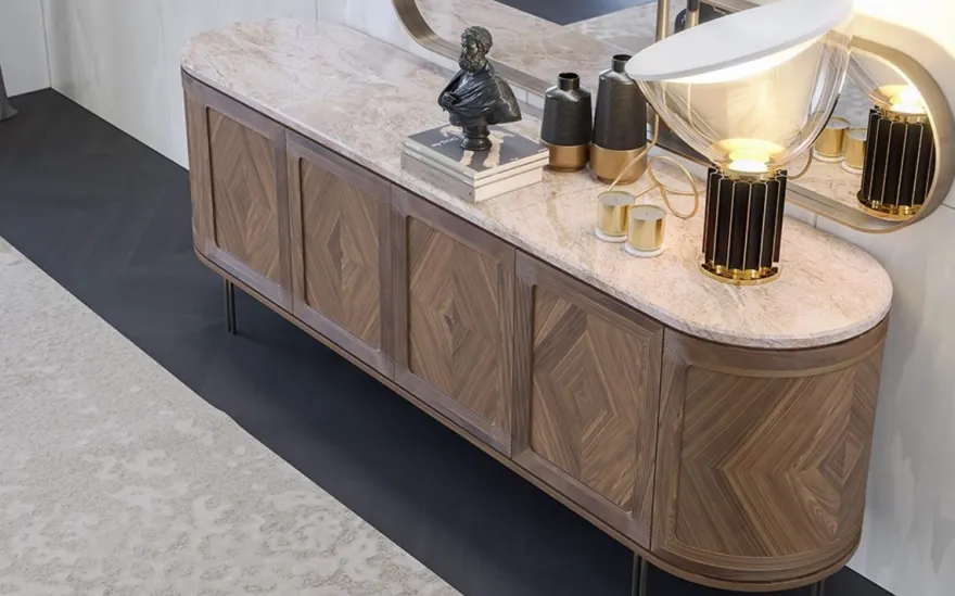 Casa Padrino Luxus Sideboard Braun / Beige / Messing 244 x 56 x H. 85 cm - Ovaler Massivholz Schrank mit 4 Türen und Marmorplatte - Esszimmer Möbel - Hotel Möbel - Luxus Möbel