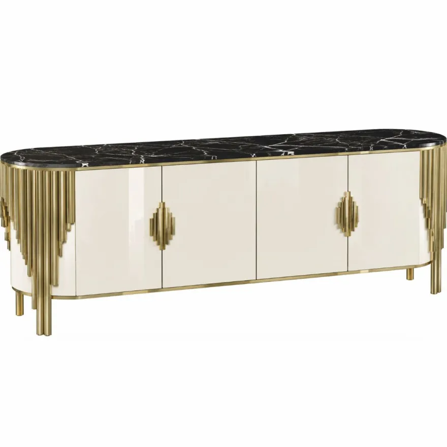 Casa Padrino Luxus Sideboard mit 4 Türen und Kunstmarmor Platte Weiß / Gold / Schwarz 251,2 cm - Luxus Hotel & Esszimmer Möbel