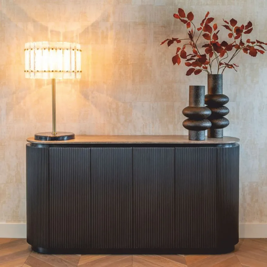 Casa Padrino Luxus Sideboard mit 2 Türen und Travertinplatte Dunkelbraun / Braun 160 cm