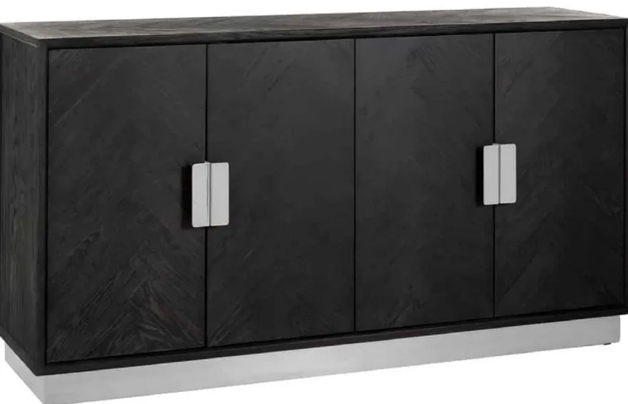 Casa Padrino Luxus Sideboard Schwarz / Silber 160 x 45 x H. 86 cm - Massivholz Schrank mit 4 Türen - Wohnzimmer Möbel - Hotel Möbel - Luxus Kollektion