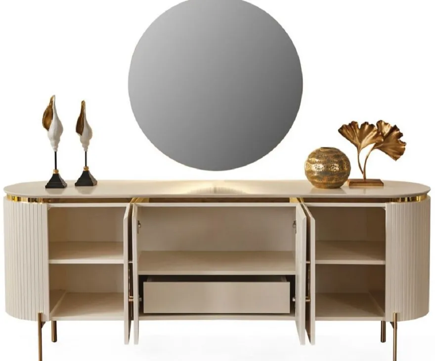 Casa Padrino Luxus Sideboard Weiß / Gold 210 x 52 x H. 78 cm - Edler Massivholz Schrank mit 4 Türen - Luxus Möbel