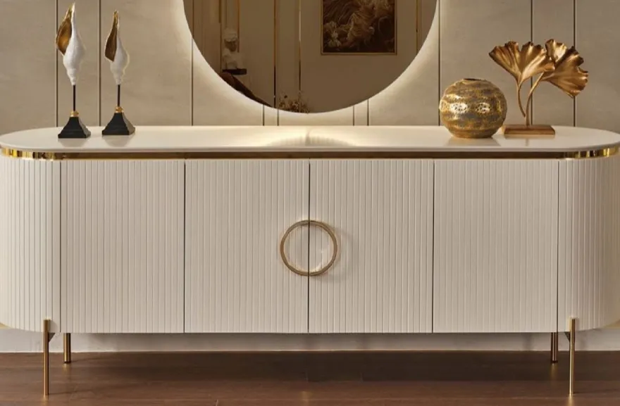 Casa Padrino Luxus Sideboard Weiß / Gold 210 x 52 x H. 78 cm - Edler Massivholz Schrank mit 4 Türen - Luxus Möbel