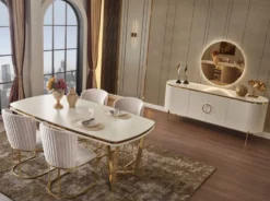 Casa Padrino Luxus Sideboard Weiß / Gold 210 x 52 x H. 78 cm - Edler Massivholz Schrank mit 4 Türen - Luxus Möbel