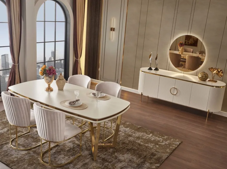 Casa Padrino Luxus Sideboard Weiß / Gold 210 x 52 x H. 78 cm - Edler Massivholz Schrank mit 4 Türen - Luxus Möbel
