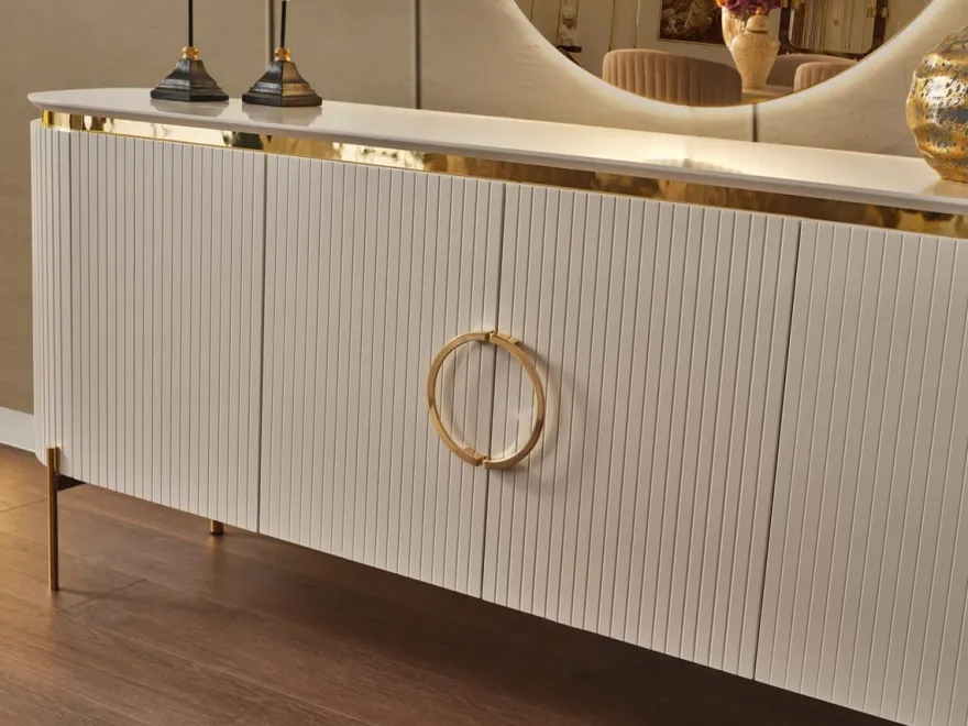 Casa Padrino Luxus Sideboard Weiß / Gold 210 x 52 x H. 78 cm - Edler Massivholz Schrank mit 4 Türen - Luxus Möbel