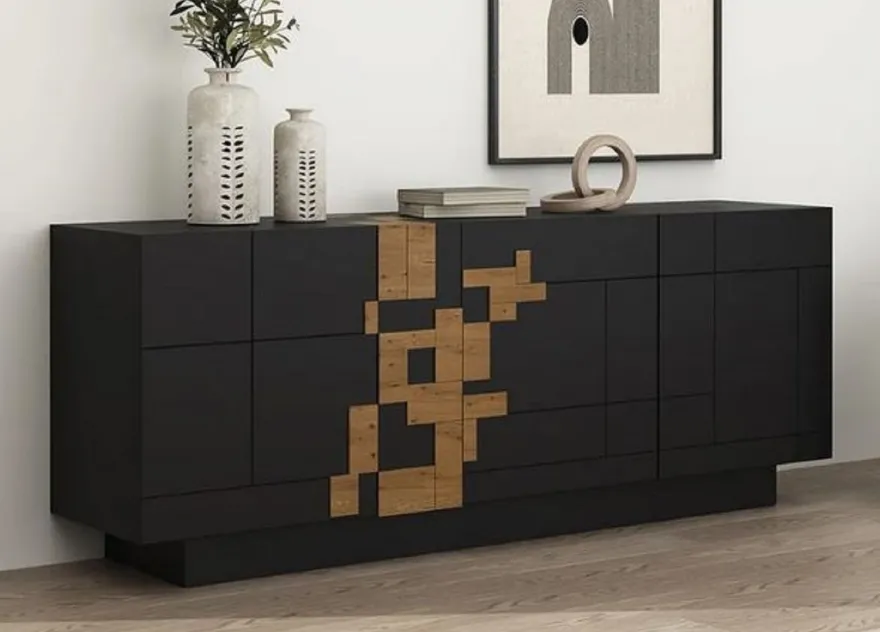 Casa Padrino Luxus Sideboard Schwarz / Braun 220 x 50,8 x H. 85 cm - Massivholz Schrank mit 4 Türen - Massivholz Möbel - Luxus Möbel - Luxus Einrichtung