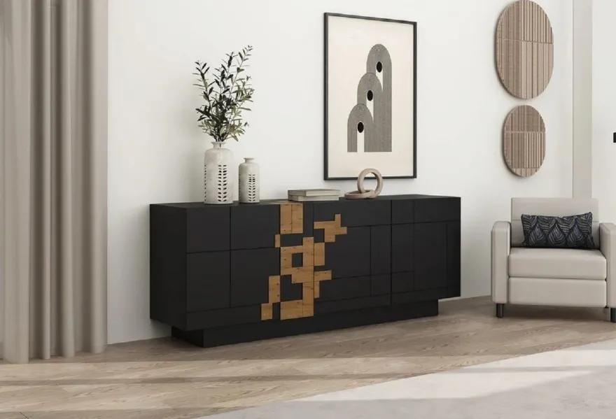 Casa Padrino Luxus Sideboard Schwarz / Braun 220 x 50,8 x H. 85 cm - Massivholz Schrank mit 4 Türen - Massivholz Möbel - Luxus Möbel - Luxus Einrichtung