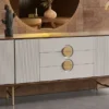 Casa Padrino Luxus Sideboard Hellgrau / Braun / Messing 220 x 50 x H. 80 cm - Massivholz Schrank mit 4 Türen und 3 Schubladen - Massivholz Möbel - Luxus Möbel - Luxus Einrichtung